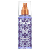 Tree Hut Violet Victory fragrance mist bottle on vanity, offering hydration and a calming scent.