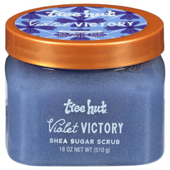 Tree Hut Violet Victory Sugar Scrub jar shows whipped texture for exfoliation and hydration