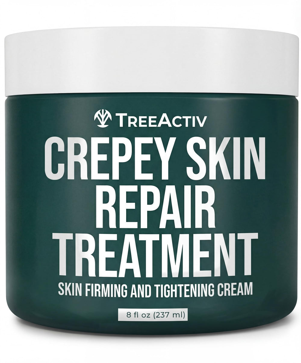 TreeActiv Crepey Skin Repair Cream jar close-up showing rich texture for dry skin nourishment