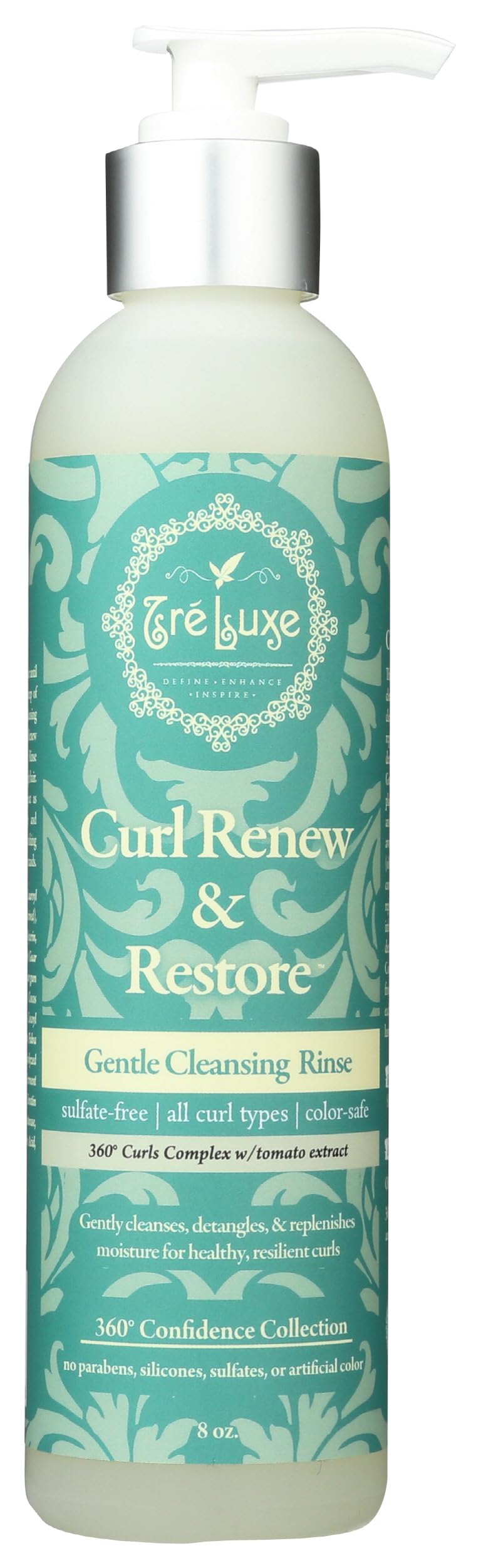Treluxe Curl Renew bottle close-up for gentle cleansing and detangling.