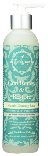 Treluxe Curl Renew bottle close-up for gentle cleansing and detangling.