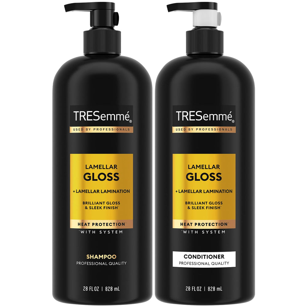 TRESemmé Champú Lamellar Gloss, botella brillante para un brillo suave y duradero.