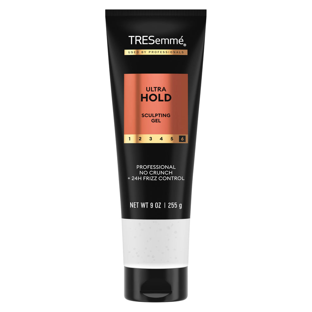 TRESemmé Gel Ultra Hold bottle pour showing 24-hour frizz control.