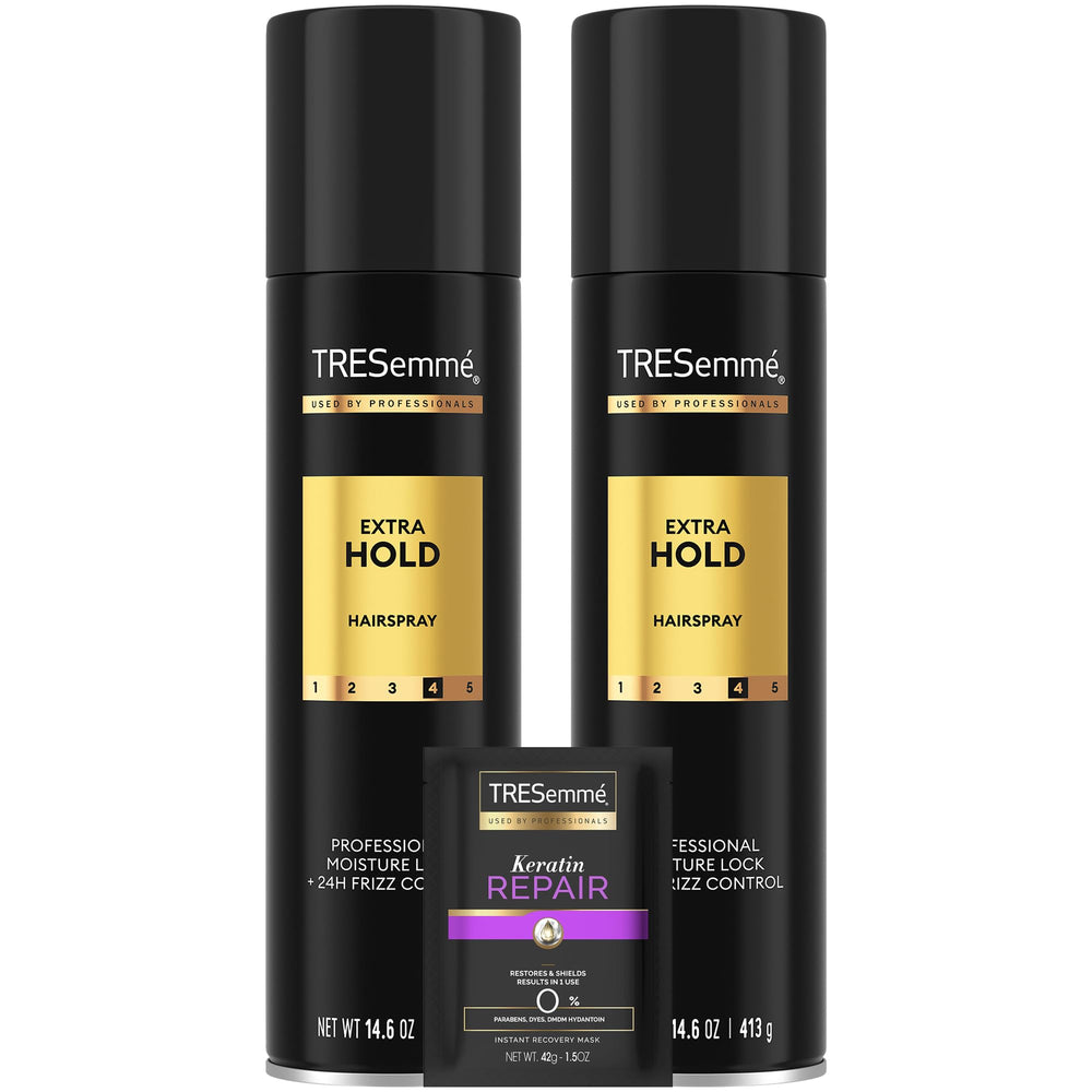 TRESemmé Extra Hold Hairspray bottle for all-day frizz control.