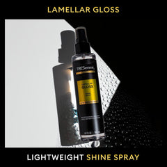 TRESemmé Lamellar Gloss Shine Spray used on wet hair before styling.