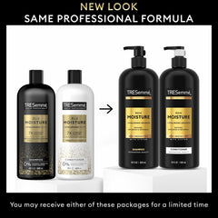 TRESemmé Rich Moisture Shampoo label highlighting hyaluronic acid and paraben-free formula