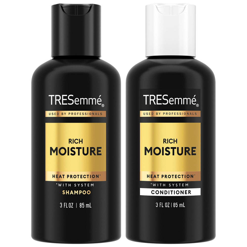 TRESemmé Rich Moisture shampoo bottle pour highlights travel hydration.