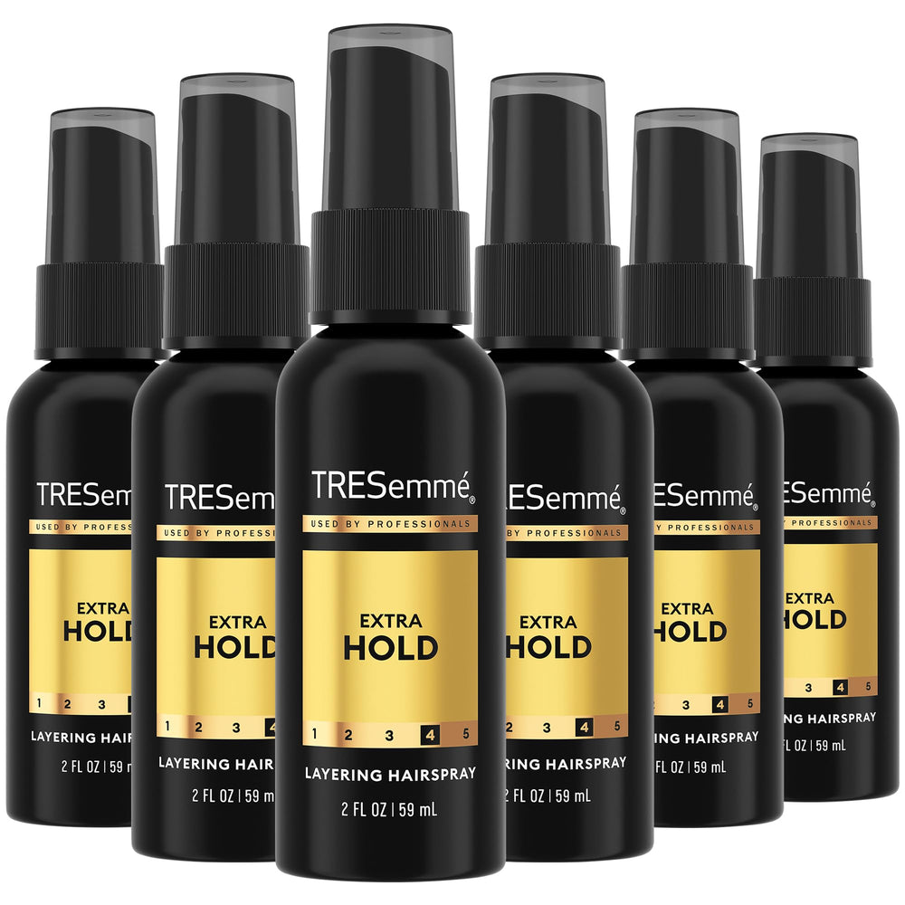 TRESemmé Travel Hairspray Extra Hold bottle shows long-lasting hold for on-the-go styling.
