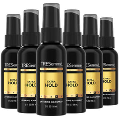 TRESemmé Travel Hairspray Extra Hold bottle shows long-lasting hold for on-the-go styling.