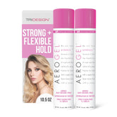 TRIDESIGN Aerogel Hairspray bottle close-up showing strong hold and shine.