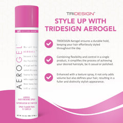 TRIDESIGN Aerogel Hairspray spray action highlights flexible finish and quick setting.