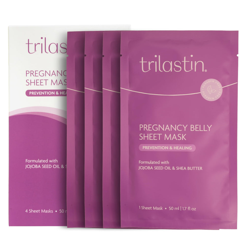 TriLASTIN Belly Masks front pack showing a convenient 4-pack for prenatal care
