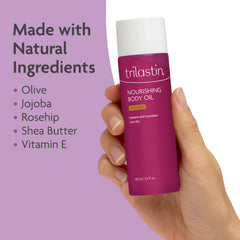 TriLASTIN Body Oil application scene highlights easy massage and absorption.