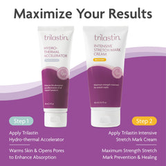 TriLASTIN Stretch Mark Cream tub closeup emphasizing unscented, dermatologist-tested care.