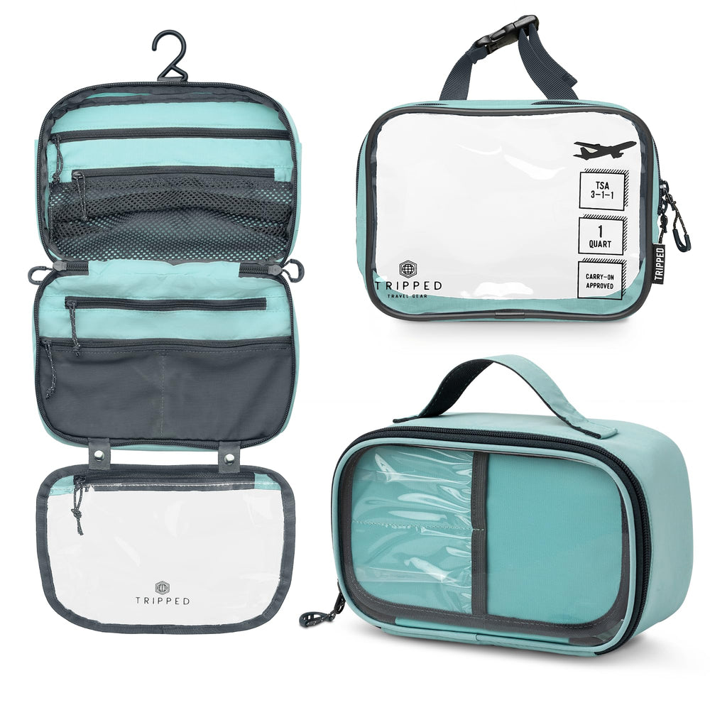 TRIPPED Hanging Toiletry Bag showcases organized pockets for quick access on trips.