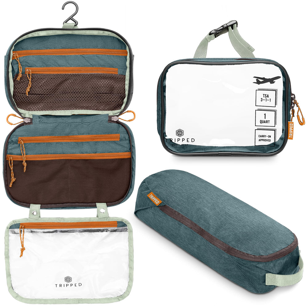 TRIPPED Travel Gear Toiletry Bag Set, hanging design for clutter-free packing.