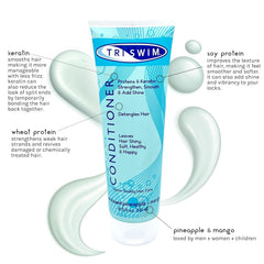 TRISWIM con proteínas y keratina para reconstruir cabello tras la piscina.