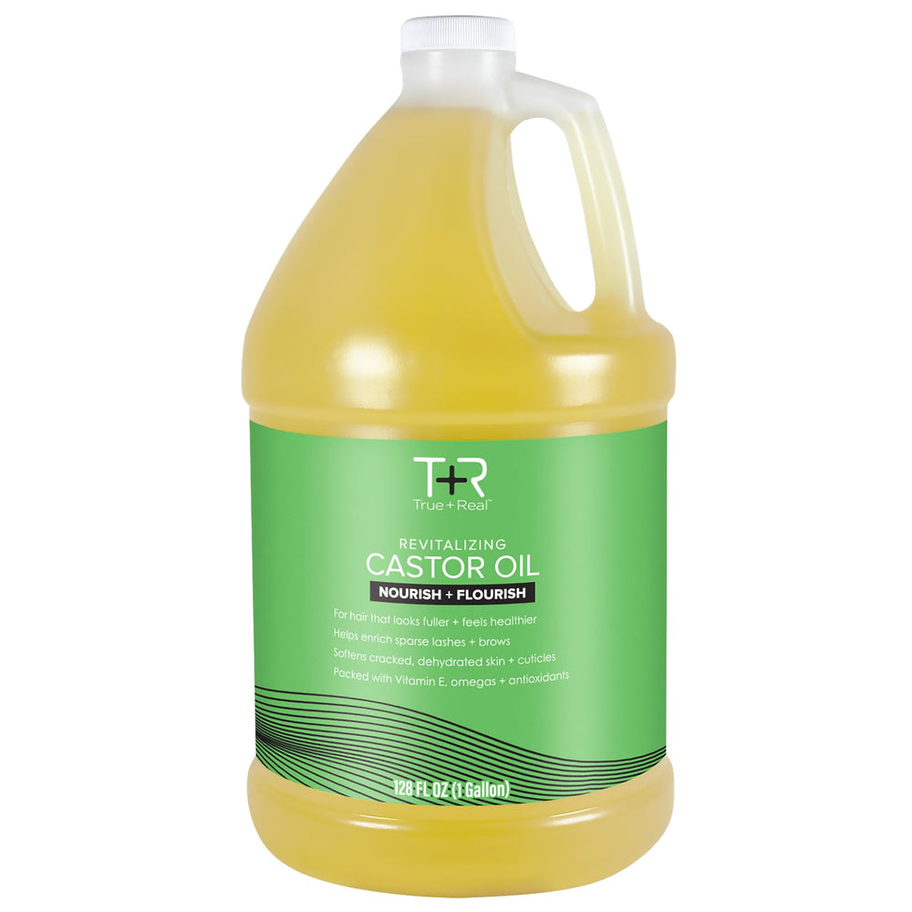 True+Real castor oil bottle closeup, a pure hexane-free formula for hair and skin.