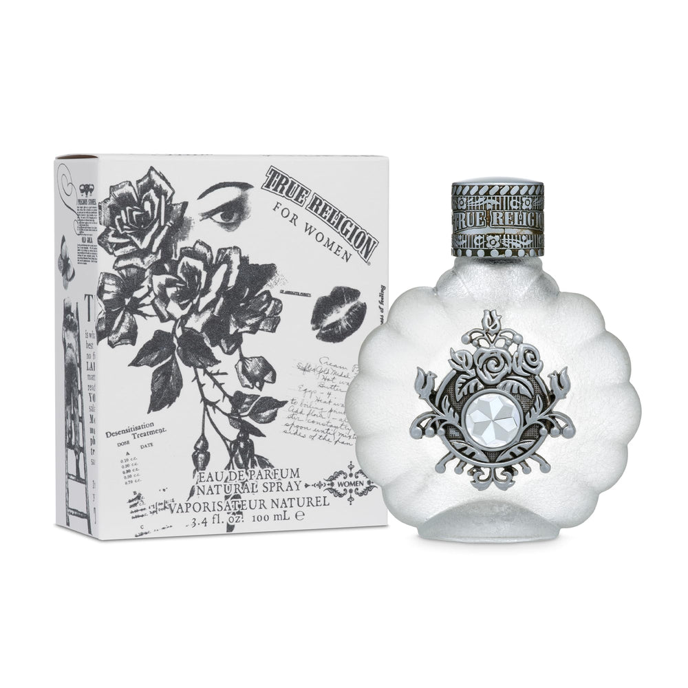 True Religion EDP bottle on vanity, ideal for daily wear.