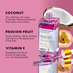 Truly Beauty Glazed Donut After Shave Oil Jumbo bottle on shelf suggests quick absorption after shaving.