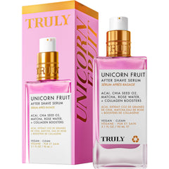Truly Unicorn Fruit After Shave Serum bottle highlights fast-absorbing hydration for post-shave skin