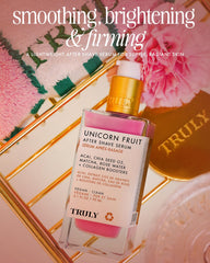 Truly Unicorn Fruit After Shave Serum label showcases clean, lightweight formula for daily use