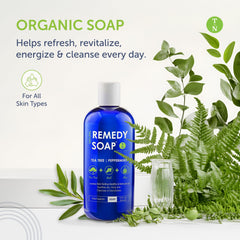 Truremedy Naturals, etiqueta frontal, diseño limpio para reconocer el aroma vigorizante