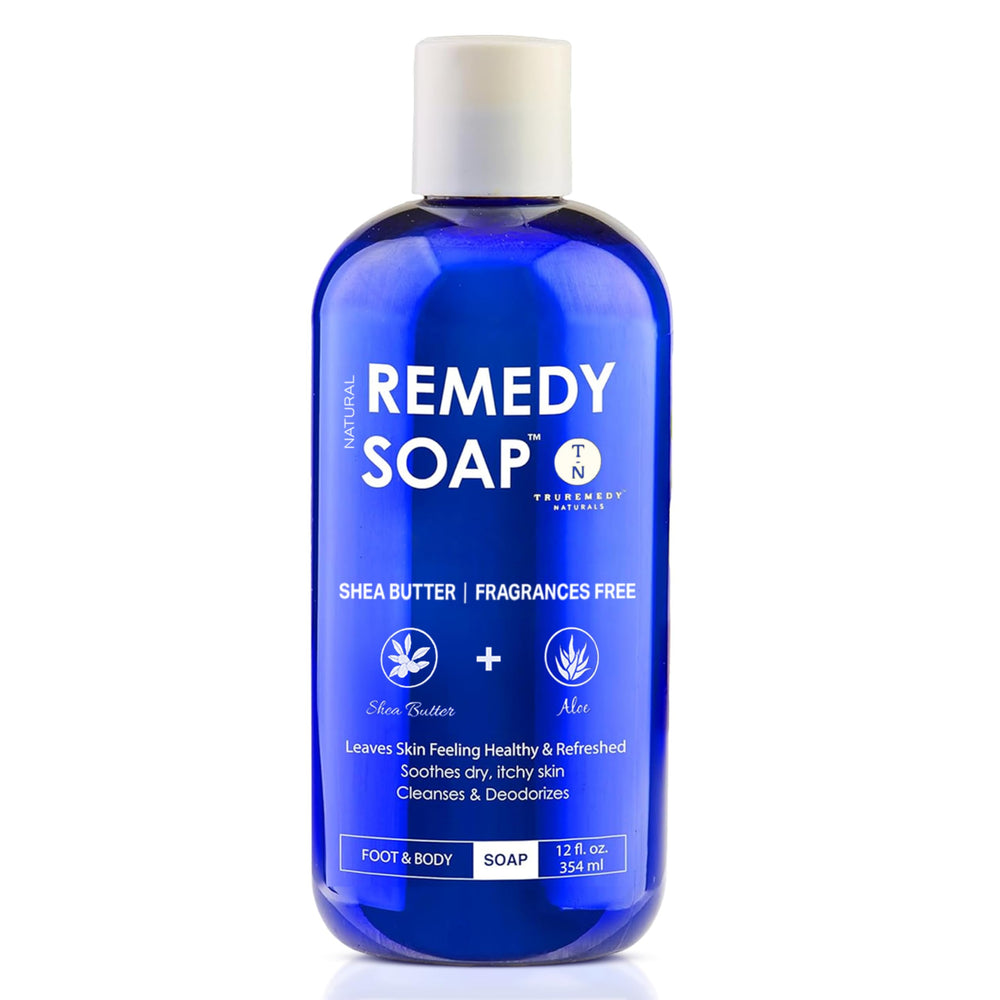 Truremedy Naturals Shea Butter sin fragancia, envase de 12 oz para uso diario, hidrata sin irritar.