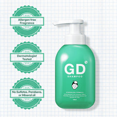 TS GD Shampoo botella con información de ingredientes clave para equilibrio capilar.