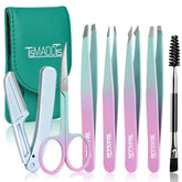 TsMADDTs 7pc tweezers set laid out for precise brow grooming.