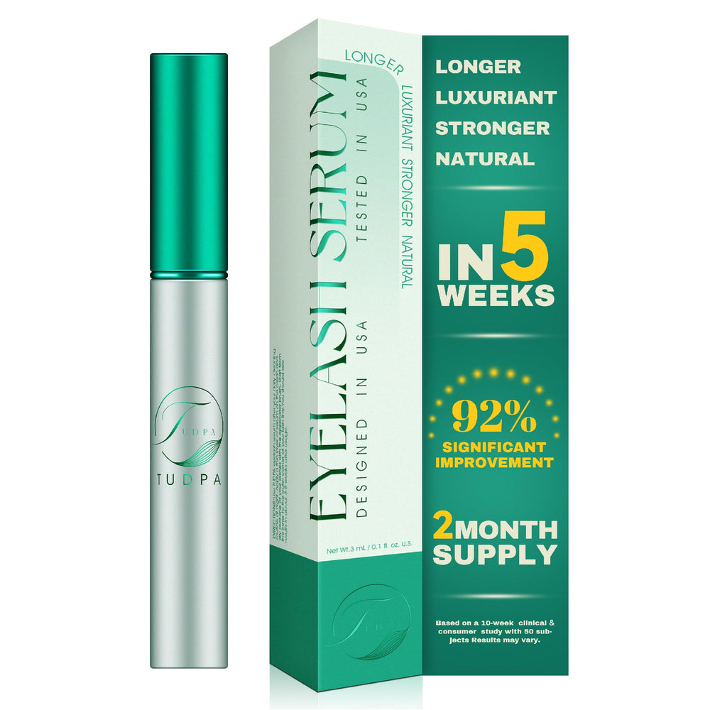 TUDPA Eyelash Growth Serum bottle shows nourishing formula for lashes