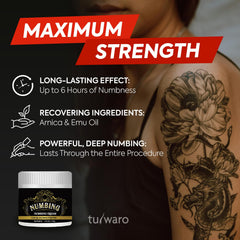 Tuiwaro Numbing Cream emu oil and arnica bottle highlights soothing botanicals for the skin.