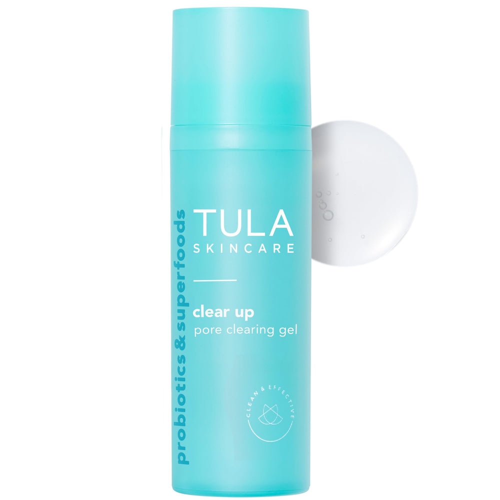 TULA Clear Up pore-clearing gel bottle highlighting pore refinement and exfoliation benefits.