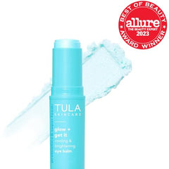 Close-up of the TULA eye balm tube showing smooth gel texture.