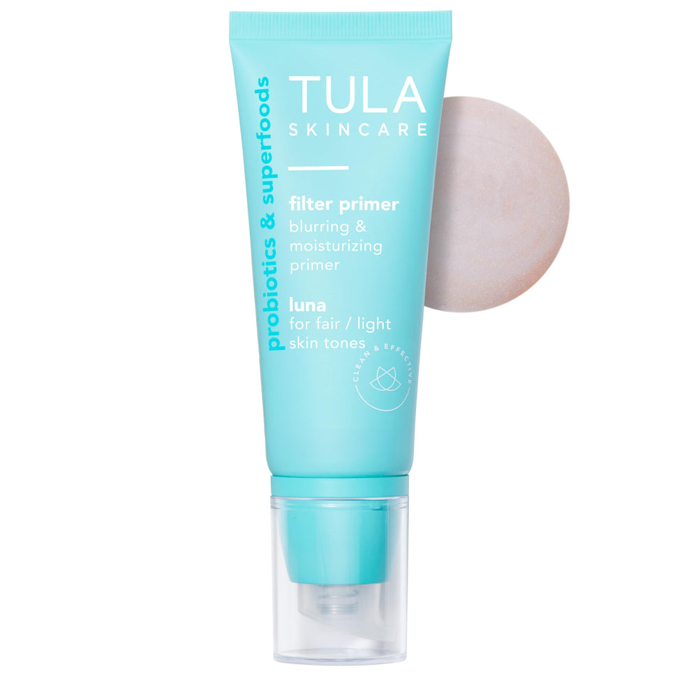 TULA Luna primer bottle front with sleek packaging for a hydrated, smooth base.