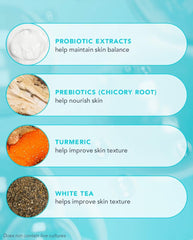 TULA probiotic skincare ingredients with turmeric white tea and blueberry for radiance.