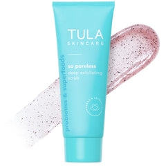 TULA So Poreless scrub jar close-up demonstrates gentle exfoliation for smoother pores.