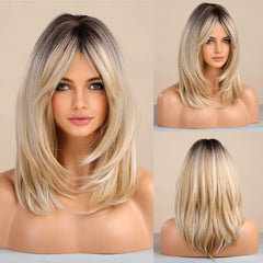 Tumhorn long layered blonde wig with bangs on display for daily styling versatility.