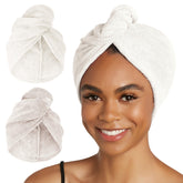 Turbie Twist 2-pack antique-white microfiber towel close-up for quick, gentle hair drying