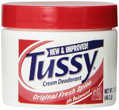 Tussy Crema Desodorante Original Fresh Spice, deslizamiento suave y protección duradera contra olores.