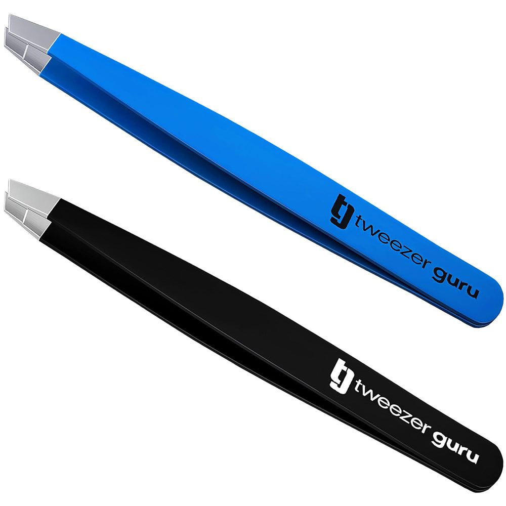 TWEEZER GURU 2Piece Slant Pointed Tweezers for precise eyebrow shaping and clean lines