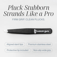 Tweezer Guru angled tip closeup enabling precise ingrown hair and blackhead access.
