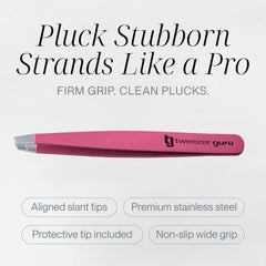 Tweezer Guru sharp needle nose tip for blackheads and splinters in pink.