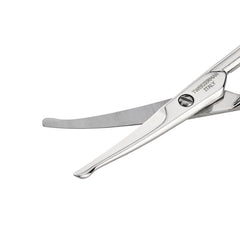 Tweezerman facial hair scissors handle close-up shows ergonomic grip for comfortable trimming.