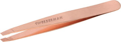 Tweezerman rose gold slant tweezer close-up of precise tips for brow shaping