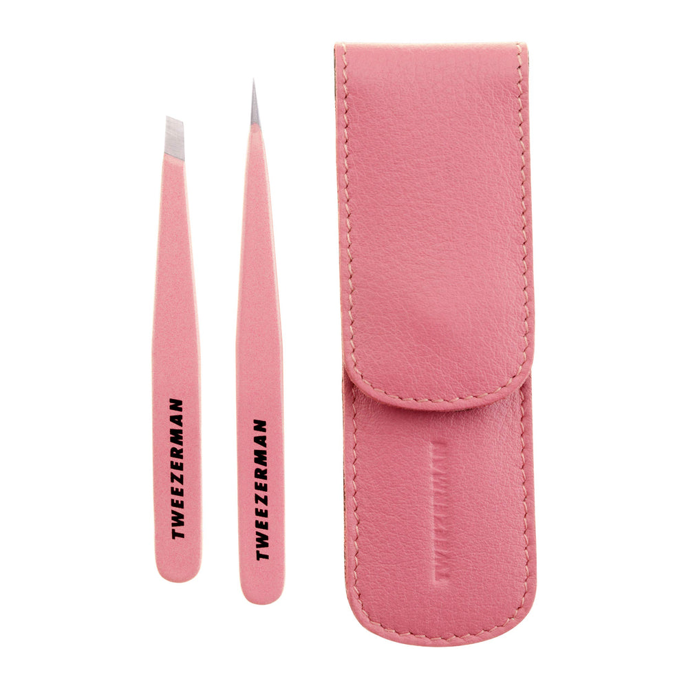 Tweezerman Tea Rose Petite Tweezer closeup shows precisely aligned tips for brow shaping.