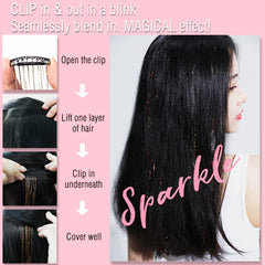 TWINKLE SPARKLE silver tinsel clip adds shimmering length for festive styles.