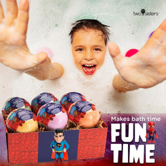 Two Sisters fruity scent bath bombs releasing a surprise toy during bath.