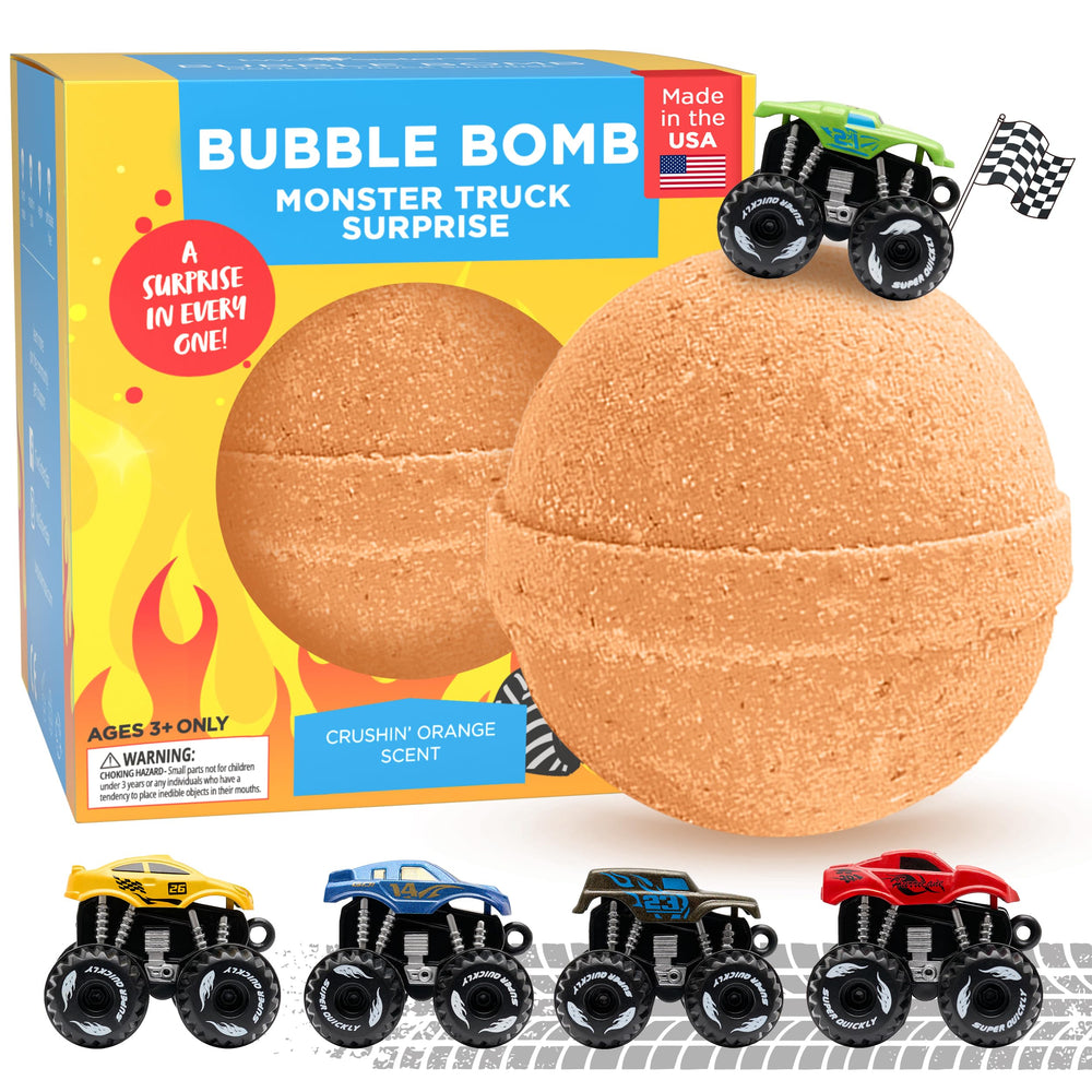 Two Sisters monster truck bath bomb reveals a toy inside for kids' bath-time fun.