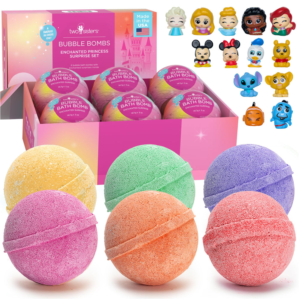 Two Sisters princess bath bombs 6-pack gift-ready, create color and fizz during bath.